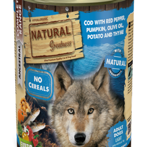 Natural Greatness Wet Dog Food Complete Bacalao con Pimiento rojo Calabaza Patata Aceite de Oliva y Tomillo Exotic Ultra Light 390 g