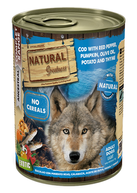 Natural Greatness Wet Dog Food Complete Bacalao con Pimiento rojo Calabaza Patata Aceite de Oliva y Tomillo Exotic Ultra Light 390 g