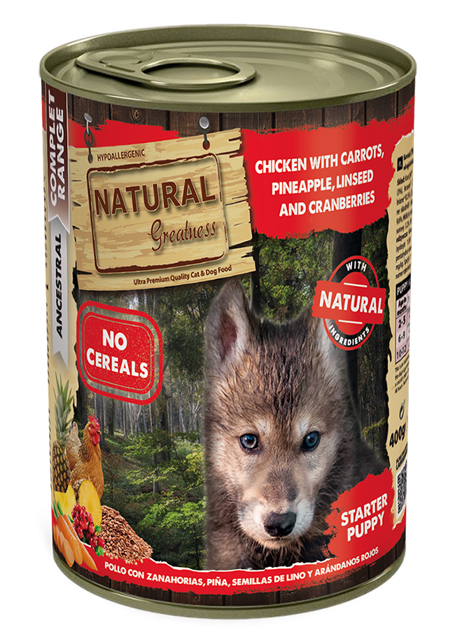 Natural Greatness Wet Dog Food Complete Starter Puppy Pollo con Zanahorias Piña y Arándanos rojos 400 g