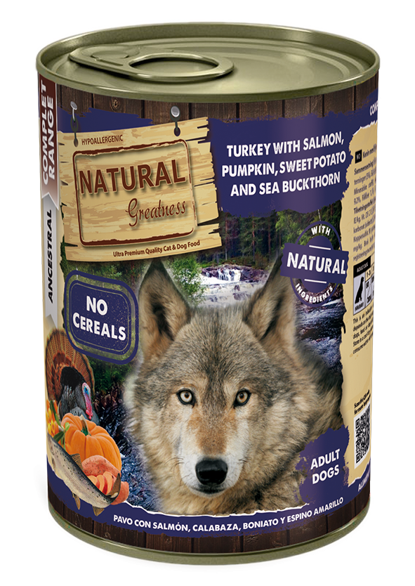 Natural Greatness Wet Dog Food Complete Pavo con Salmón Calabaza Boniato y Espino amarillo 400 g