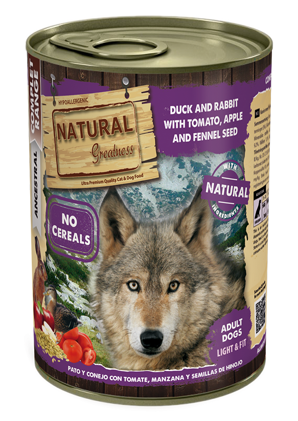 Natural Greatness Wet Dog Food Complete Pato y Conejo con Tomate Manzana y Semillas de Hinojo Light & Fit 400 g