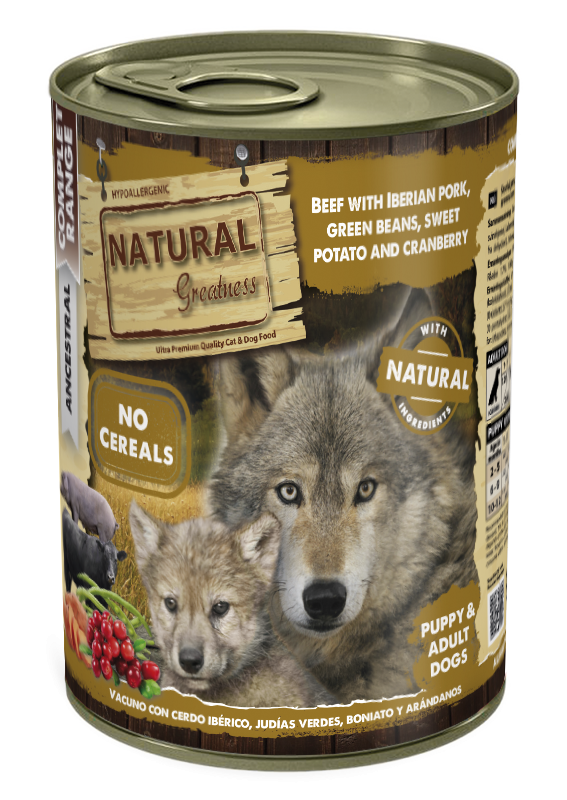 Natural Greatness Wet Dog Food Complete Vacuno con Cerdo Ibérico Judías Verdes Boniato y Arándanos Puppy & Adult 400 g